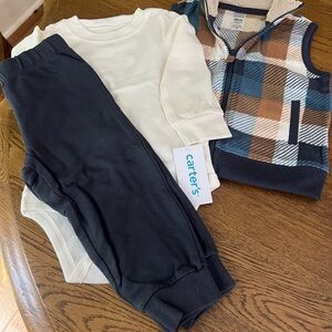 Carter's Blue and Brown Plaid Vest with Gray Pants Set & Onesie 18 mo. NWT